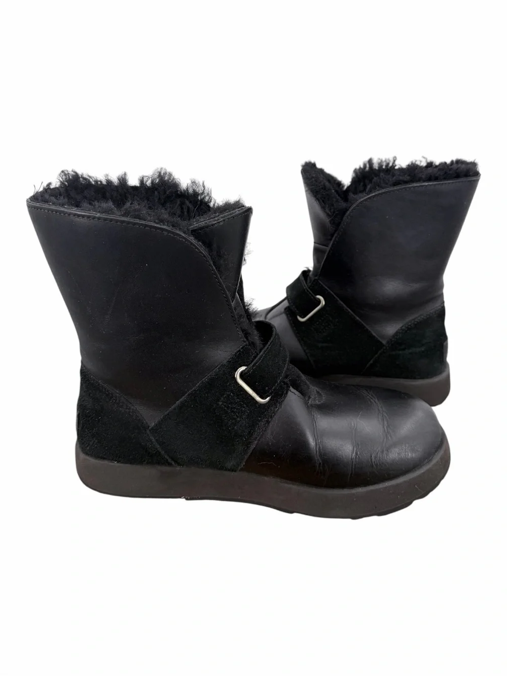 UGG Black Leather Shearling Buckle Boots Vibram Arctic Grip Waterproof 9